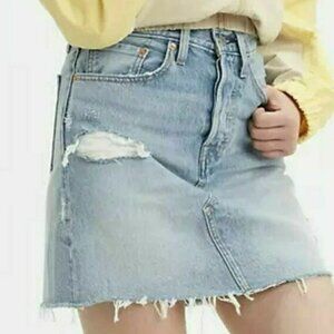 Levi’s Premium High Waisted Denim Mini Skirt Blue Light Wash Distressed Size 30